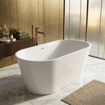 Baignoire autoportante ovale 51 po en acrylique blanc brillant avec trop-plein encastré et bonde centrale pour les petites salles de bain
