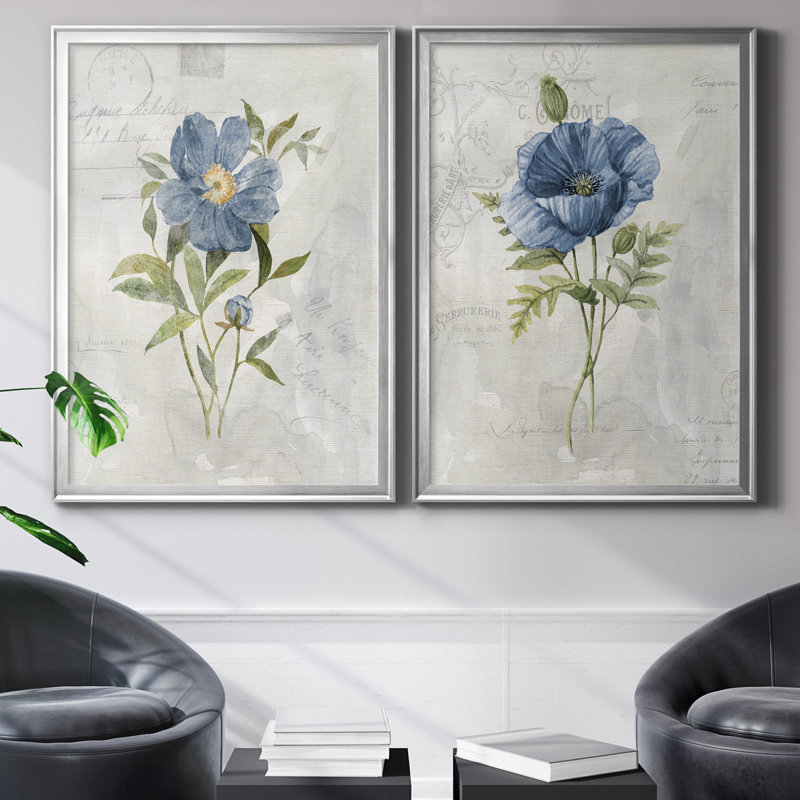 Blue Linen Peony - ensemble de 2 reproductions d'art, H 22,5 po x l 61 po x P 1,5 po, Toile encadrée argentée, Pas de tapis