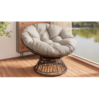 Fauteuil ergonomique en osier de 40 po avec coussin en tissu à densité de nuage épais, housse à 3 résistances, structure en fer de grande capacité, pivotant à 360 degrés pour la lecture, le salon, la chambre à coucher, le salon, la base naturelle