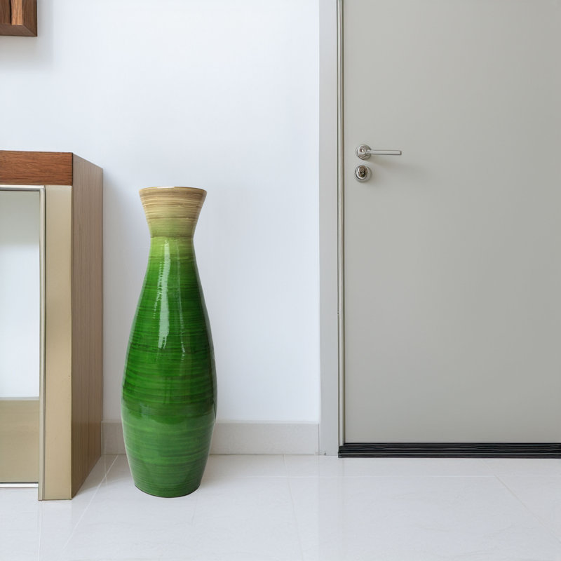 Glossy Green Bamboo Floor Vase with Natural Tone Accent