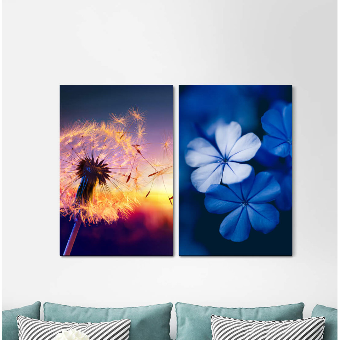 2-tlg. Leinwandbilder-Set - Fotografie „Blowball Summer Flowers Blue Sunbeams Dusk Twilight”