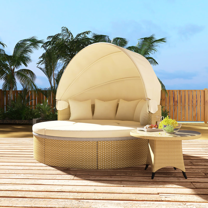 PATIO FURNITURE ROUND OUTDOOR SECTIONAL RATTAN DAYBED, Yellow