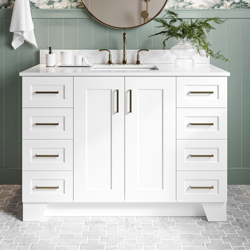 Nobe 48'' Solid Wood Single Bathroom Vanity with 0.75'' Carrara Marble Top, White, Rectangle, 48"