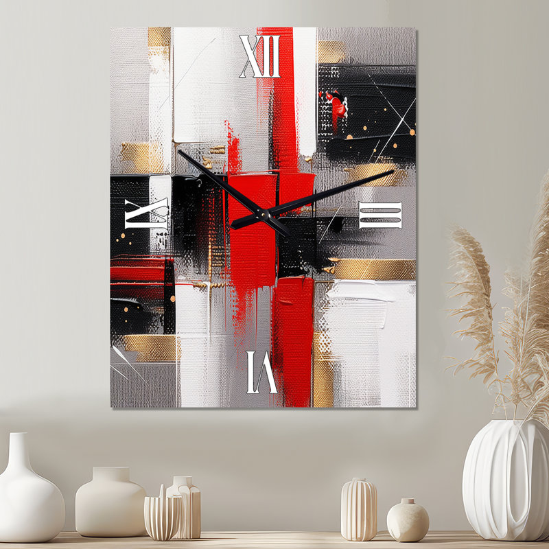 Horloge murale abstraite cubique rouge et or I, Médium