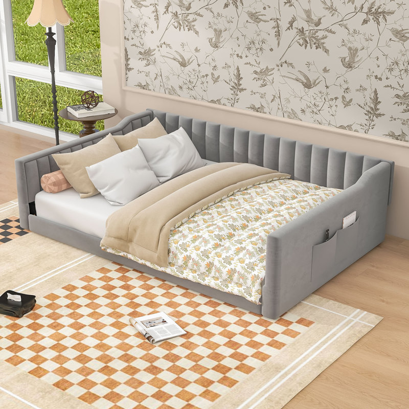 Lit de jour rembourré en velours Murdoch, Double XL, Gris