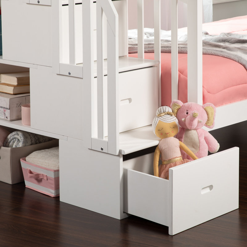 Jaxson Kids Solid Wood Staircase Bunk Bed with Storage, White, Twin over Twin