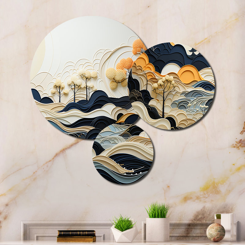 Grey Orange Line Art Landscape Abstract Wall Decor on Metal