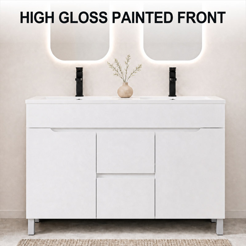 Meuble-lavabo double sur pied de 48 po à haute brillance avec comptoir, robinetterie et drains intégrés, peinture résistante à l'eau, certifié EPA
