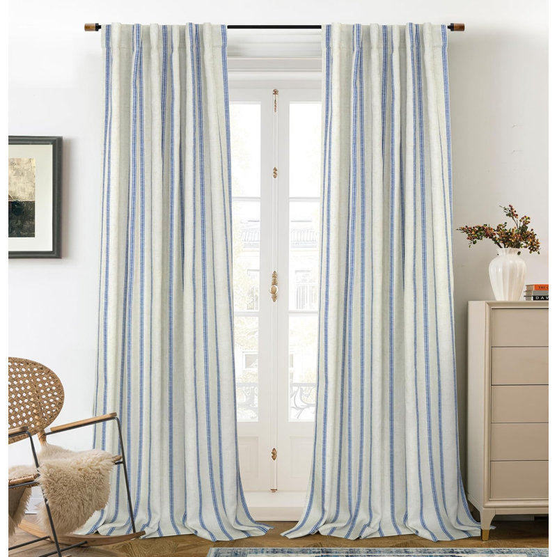 Blackout Curtain Pair, Navy Stripe/Light Linen-Back Tab, 52" W x 120" L