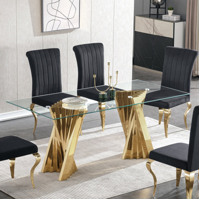 Merrimack 70.08'' Glass Top Metal Base Dining Table, Gold