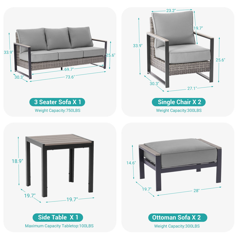 Ensemble de canapé de patio 6 pièces avec table d'appoint, canapé de conversation avec coussin, Gris