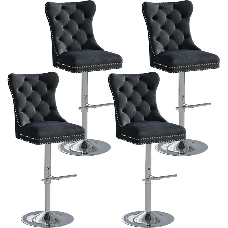 Swivel Upholstered Adjustable Height Counter Stool With Metal Frame, Silver, Black, 4