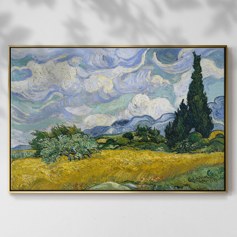 Champ de blé avec cyprès, H 27 po x l 41 po x P 2 po, Or
