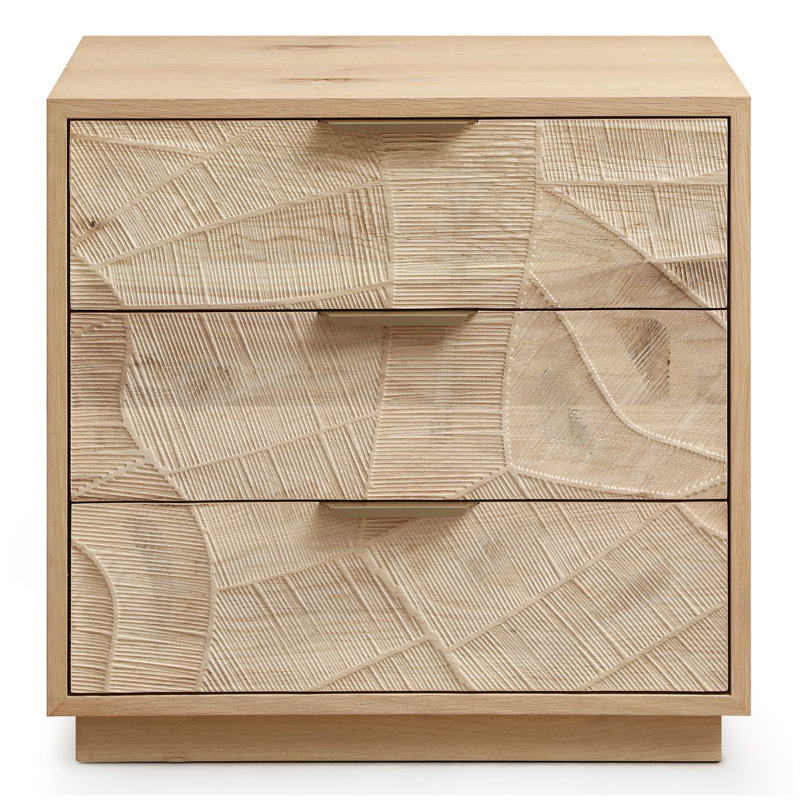 Table de chevet rustique en bois massif à 3 tiroirs avec porte sculptée à la main et poignées en acier inoxydable, Chêne