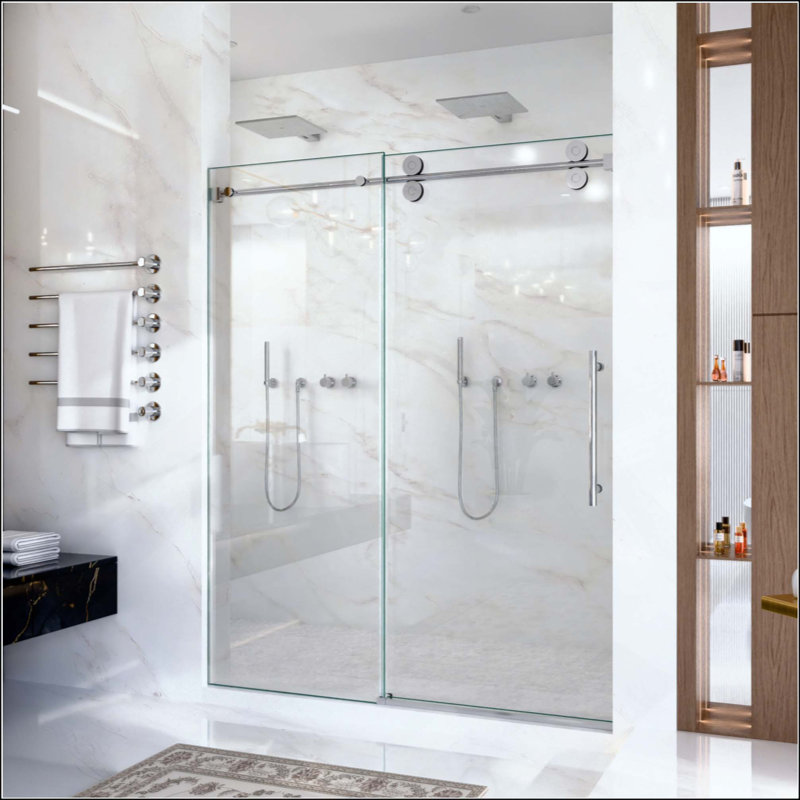 Porte de douche coulissante simple sans cadre - verre trempé transparent, conception à dérivation, Chrome chrome