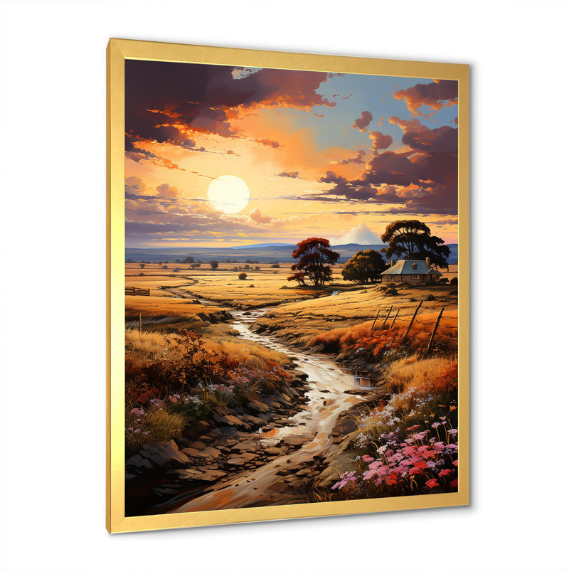 «Sunset Countryside Farm Bliss», reproduction sur toile, H 20 po x l 12 po x P 1 po, Cadre doré simple