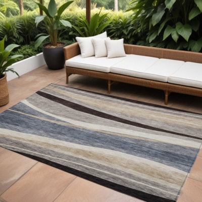 Tapis d'extérieur lavable abstrait 10 pi x 14 pi bleu brun et beige