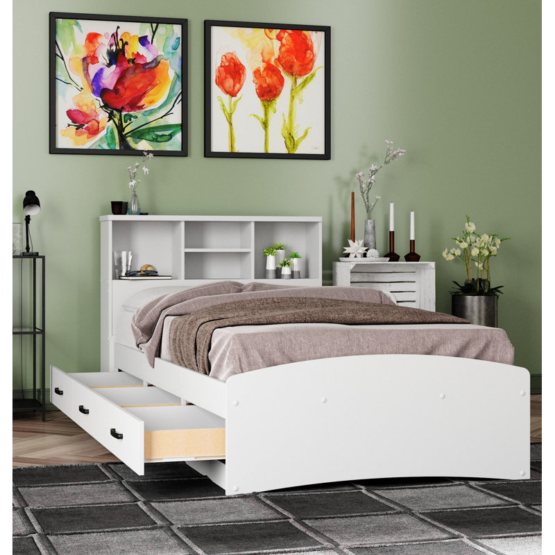 Monira Bed Frame With Storage & Headboard New Design, White, Twin