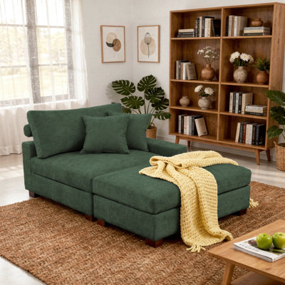 Upholstered Green Chenille Modular Chaise Lounge with Armrests & Throw Pillows