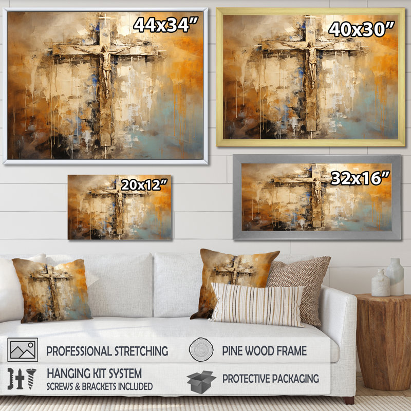 Croix de minimalisme religieuse dorée I, H 34 po x l 44 po x P 1,5 po, Cadre simple argenté