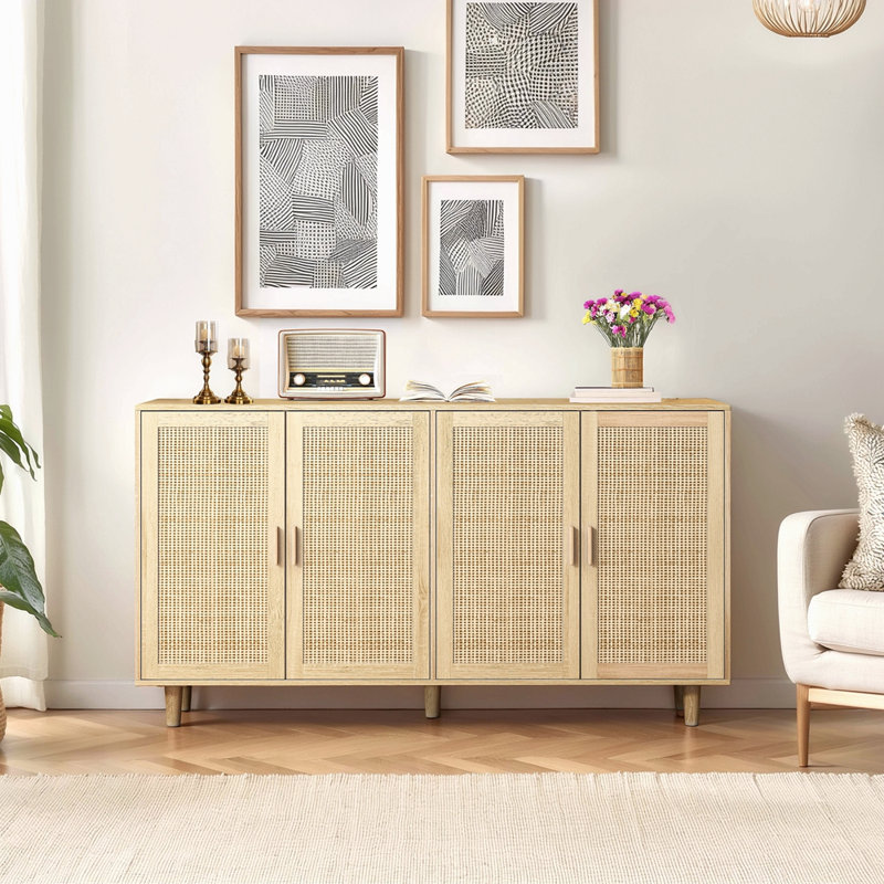 Armoire de rangement élégante et fonctionnelle en rotin à 4 portes 62,20 po, pour la chambre à coucher, le salon, le bureau, facile à assembler