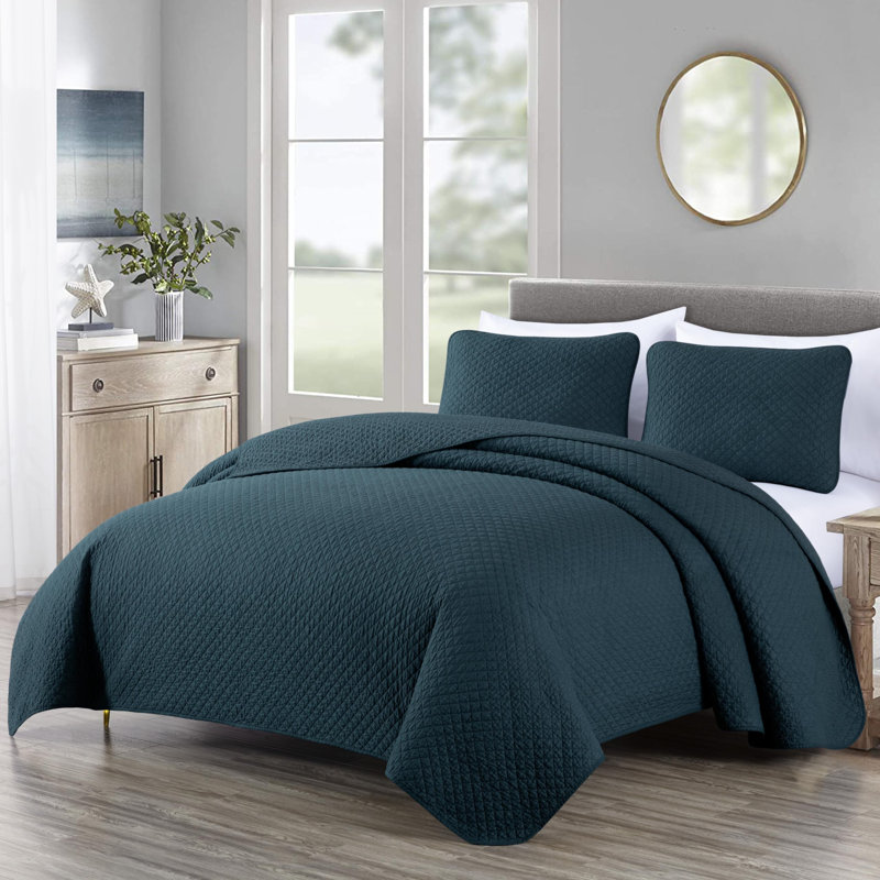 Solid Color Cotton Quilt Cotton Quilt, Queen Quilt + 2 Standard Shams, Blue