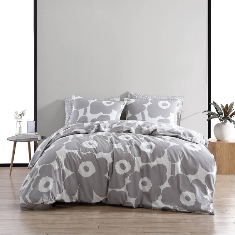 Ensemble de housse de couette en coton bleu Marimekko Unikko, Housse de couette pour grand lit et 2 taies décor
