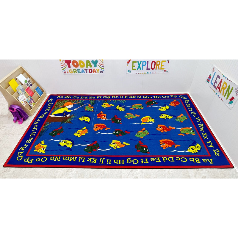 KidCarpet.com Lazy River Fishing Classroom Rug, 6'x8'6" Rectangle - Class 1 Fire Rated, Oeko-Tex certified commercial-grade nylon bordered classroom rug - strong, durable edging