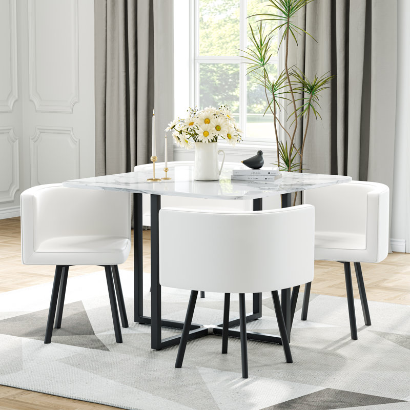 5-Piece Faux Marble Dining Set, 40" Marble Pattern Tabletop with 4 Upholstered Triangle Faux Leather Dining Chairs and Black Metal Legs