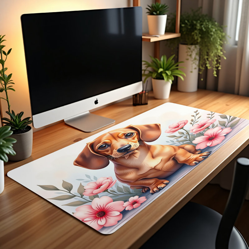 Dachshund Puppy Floral Desk Mat, 31.5x15.5