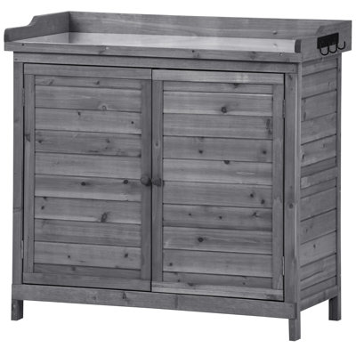 Abri de jardin pour table de travail en bois rustique avec rangement à 2 niveaux et crochets latéraux