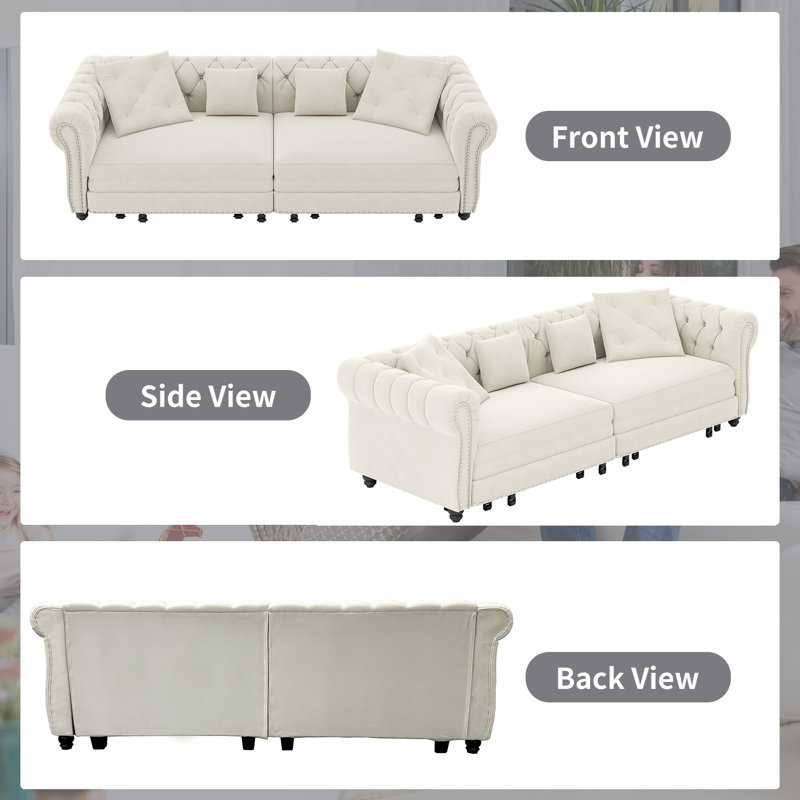 89" Velvet Sleeper Sofa Bed, Pull-out Convertible Couch Bed, Upholstered Chesterfield Sofa Bed with 4 Pillows, Beige, Beige