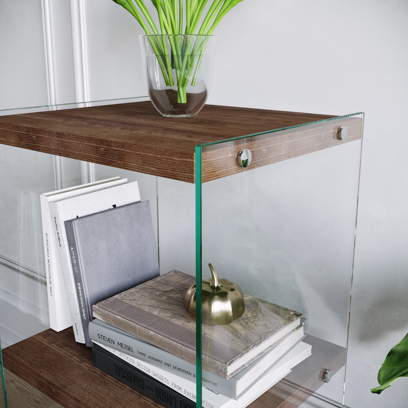 Bibliothèque moderne avec 100% bois de pin massif et verre trempé, 15,7 x 31,5 x 13,8 pouces | Tablettes de 30 mm d'épaisseur, capacité de poids maximale de 22 lb par tablette | Élégante finition noyer, fixation murale, plusieurs tablettes de rangement