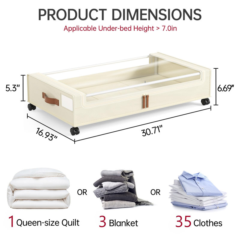 Rangement sous le lit avec roulettes, 2 contenants de rangement sous le lit, rangement pour chaussures sous le lit, tiroirs en métal sous le lit, beige
