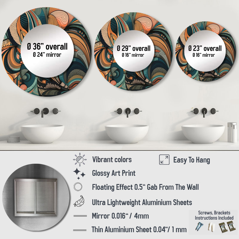 Skyley couleur pastel Boho Artwork III - miroir décoratif minimaliste, miroir mural moderne, impression d'art en métal, Rond