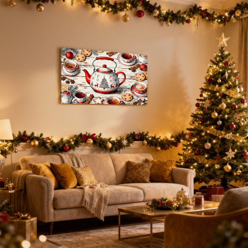 «Christmas», théière de Noël, biscuits, cannelle, étoiles, ensemble de 3 impressions murales sur toile, H 12 po x l 18 po