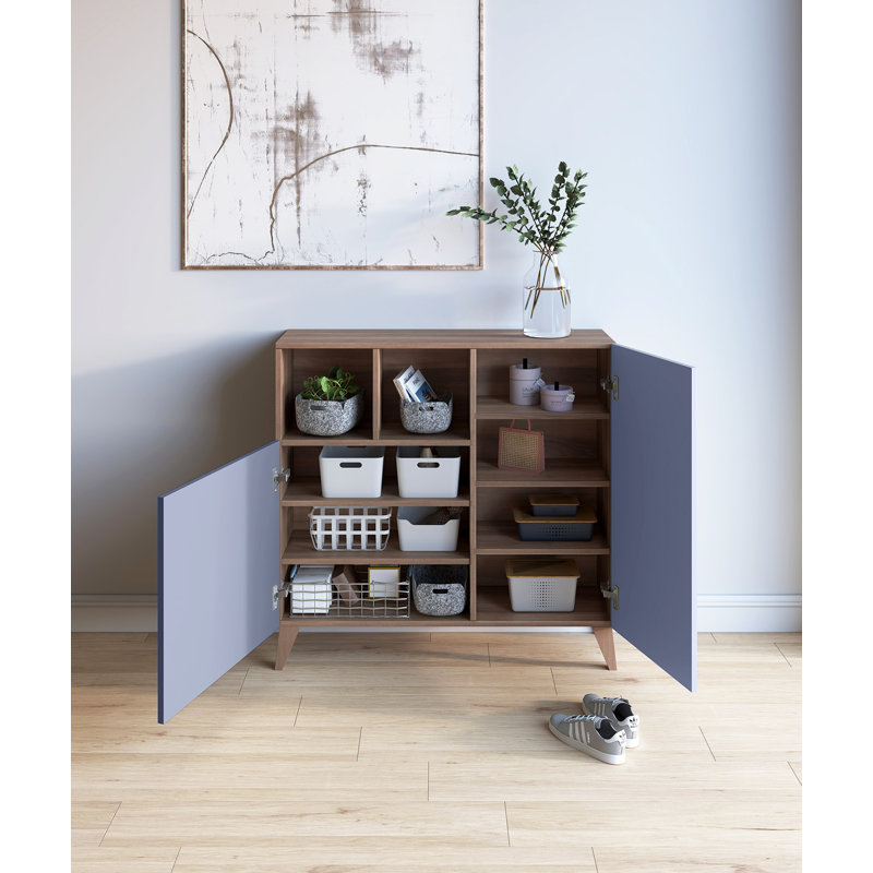12 Pair Shoe Storage Cabinet, Walnut/Blue