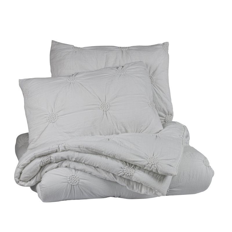 Floral Pintuck 3PC Comforter Set, Soft Microfiber, Pastel Colors, Lightweight Bedding Set, Gray
