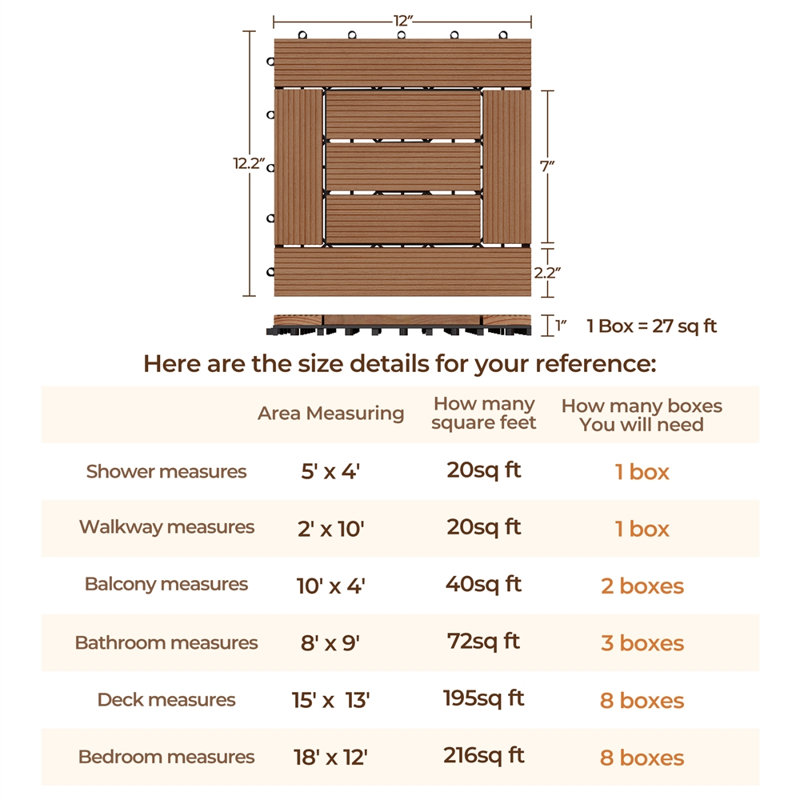 12" x 12" Fir Wood Interlocking Floor Tiles Pack of 27, Brown
