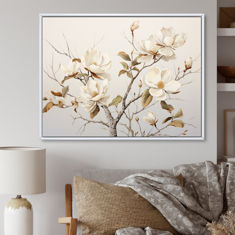 Minimalisme, fleurs de magnolia blanches sur toile, Cadre flottant blanc, H 30 po x l 40 po x P 1,5 po