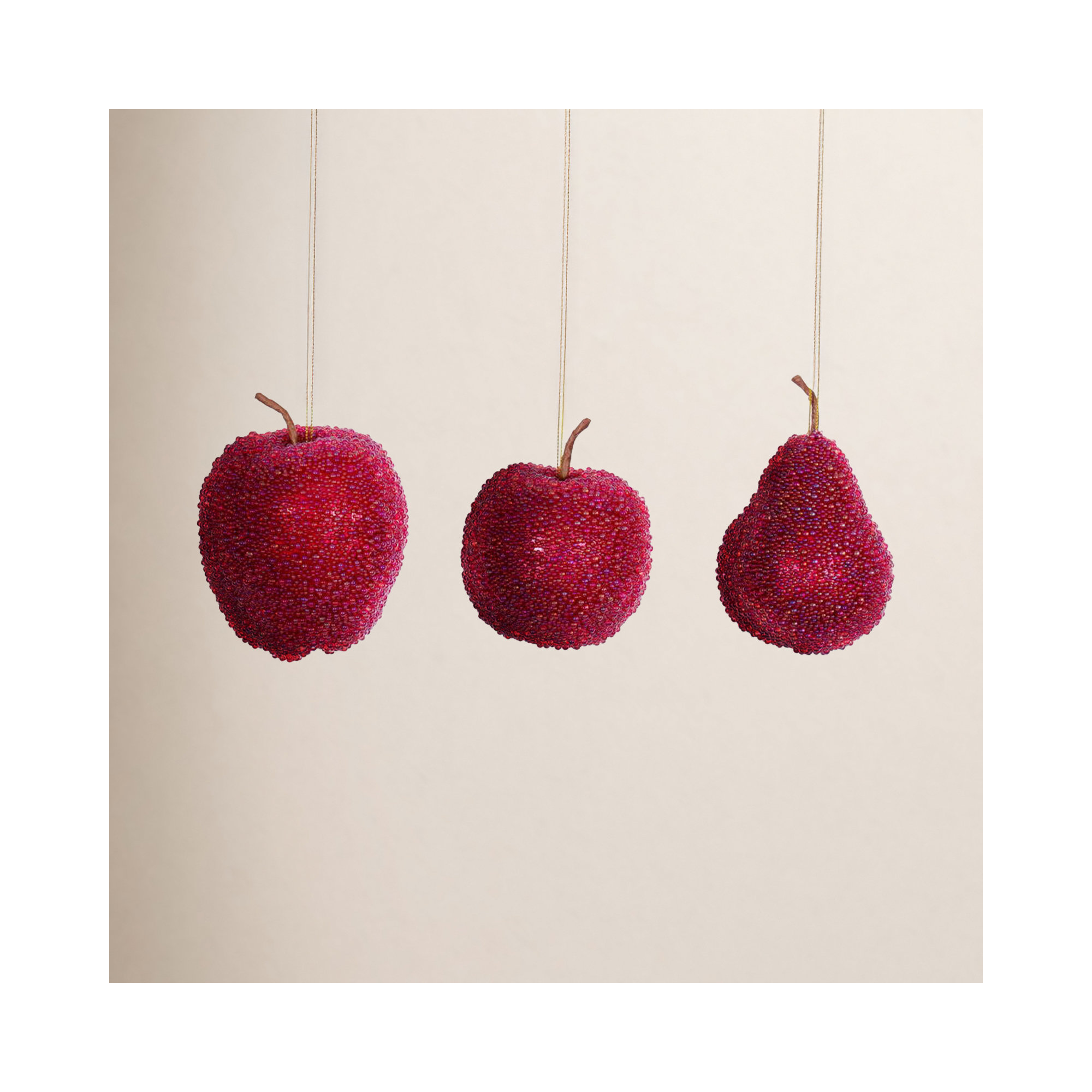 3.5"-4.5" Beaded Fruit Ornament. This includes a set of three., Red Beaded