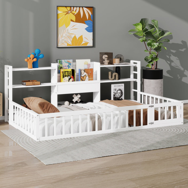 Lit de clôture en bois avec garde-corps et tablettes de rangement à 3 niveaux, lit Montessori avec bibliothèque, Lit simple