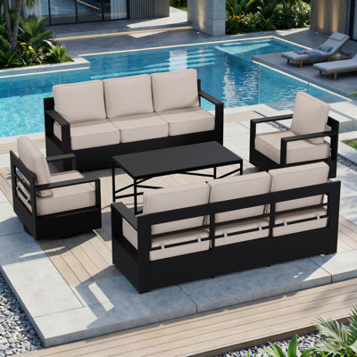 Abdullah 8-Person Modern Aluminum Outdoor Patio Sofas Furniture Set with Coffee Table,2 Swivel Chairs and Beige Cushions
