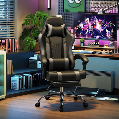 High-Back Ergonomic Gaming Chair With Retractable Footrest, Pu Leather Upholstery, Vibration Massage Lumbar Support And Headrest,Black And Gray