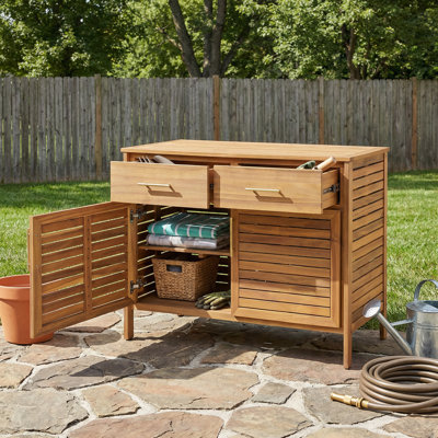 Hillcrest Modern Farmhouse Acacia Wood Outdoor Patio Cabinet with Ventilated Slat Doors