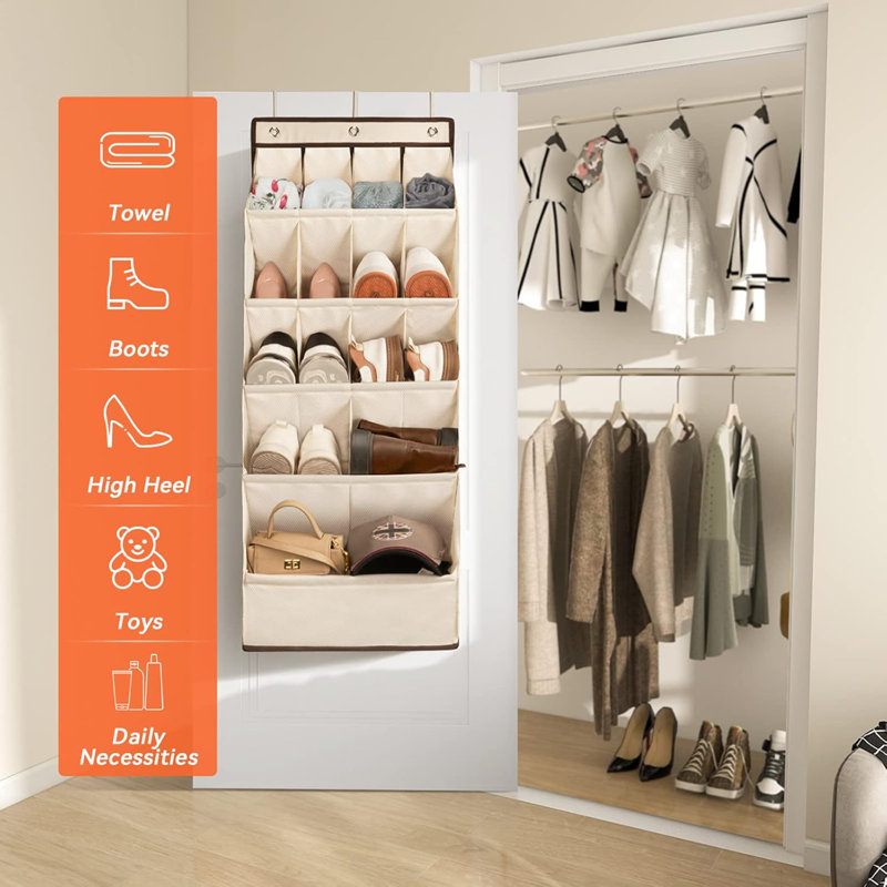 Ensemble de 1 range-chaussures à suspendre, range-chaussures suspendus, range-chaussures avec 15 poches, Beige