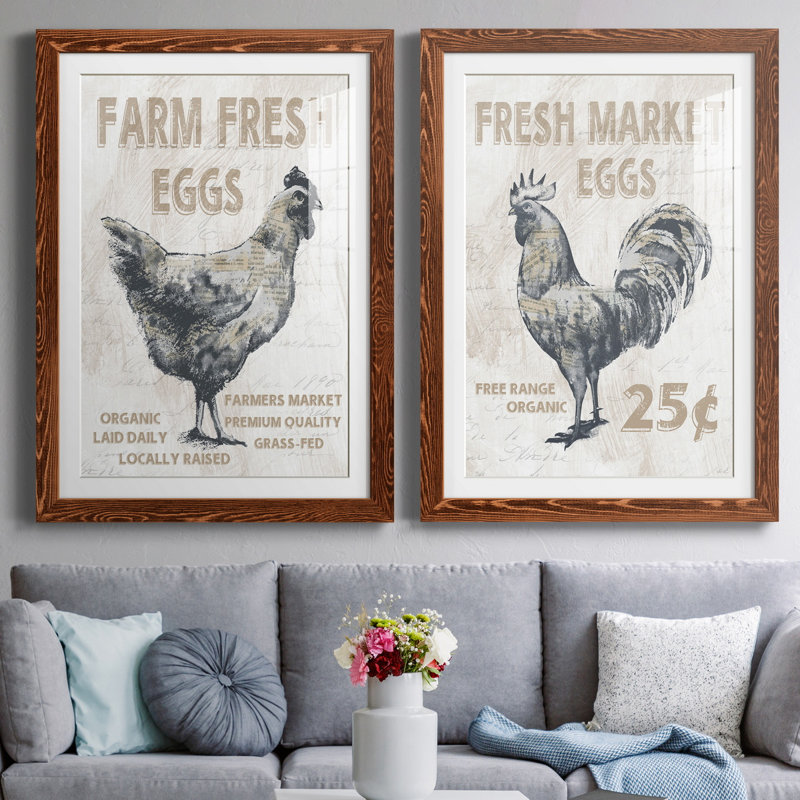 Farm Fresh Chicken - ensemble de 2 reproductions, Blanc, H 31,5 po x l 47 po x P 1,5 po, Papier avec cadre érable