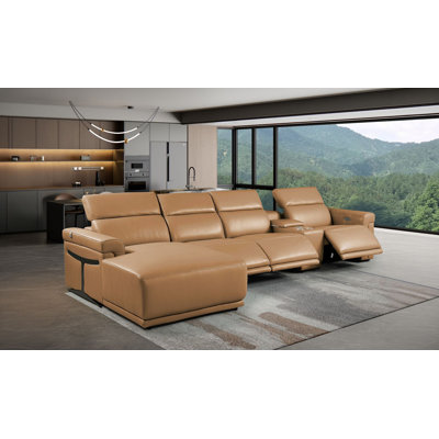 Canapé modulaire cognac 5 pièces en cuir italien fleur de mouton avec 3 fauteuils inclinables électriques et appuie-tête réglables Cognac