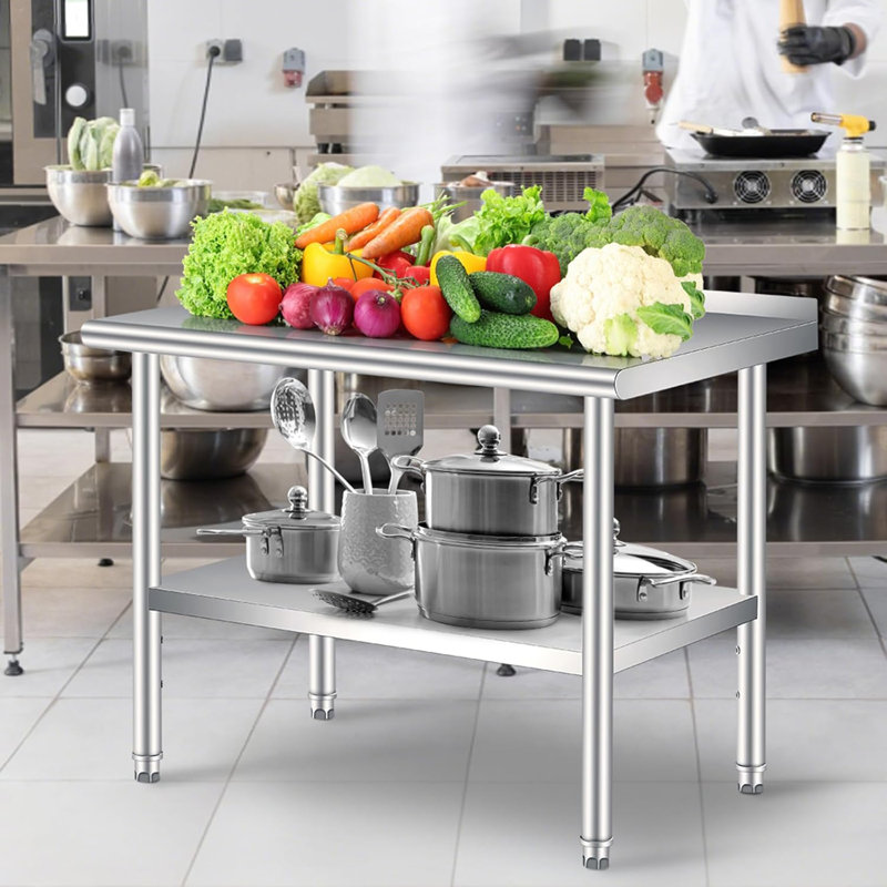 Table en acier inoxydable pour la préparation et le travail avec dosseret, table commerciale robuste avec tablette réglable