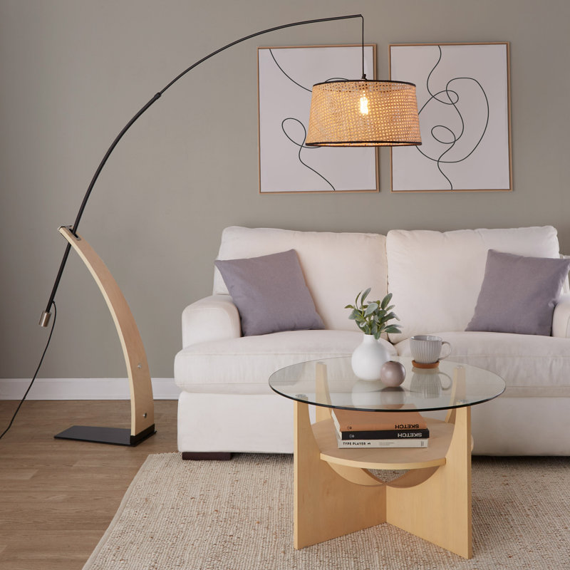 Black Arc Floor Lamp with Rattan Shade